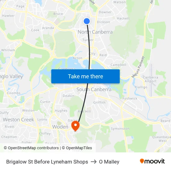 Brigalow St Before Lyneham Shops to O Malley map