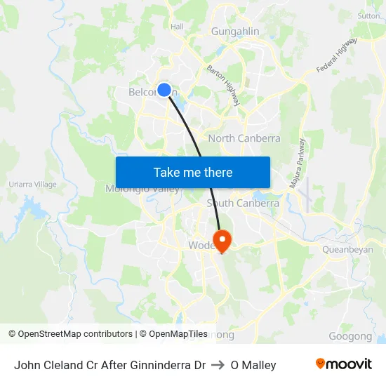 John Cleland Cr After Ginninderra Dr to O Malley map