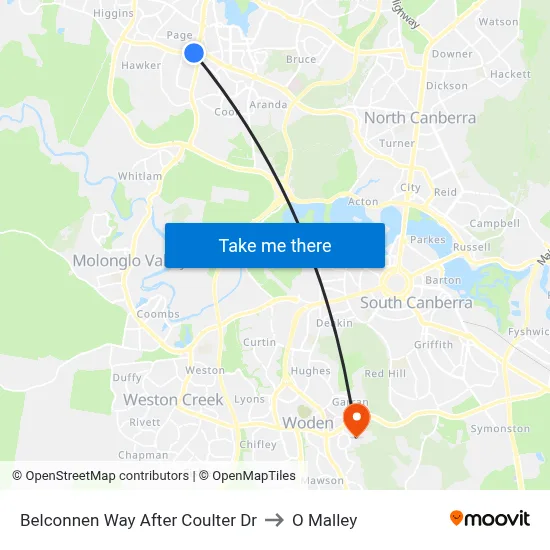 Belconnen Way After Coulter Dr to O Malley map
