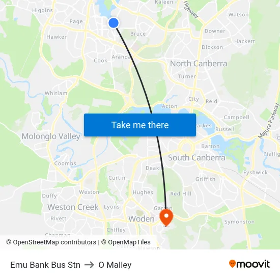 Emu Bank Bus Stn to O Malley map