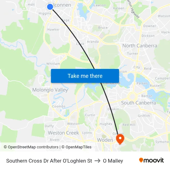 Southern Cross Dr After O'Loghlen St to O Malley map