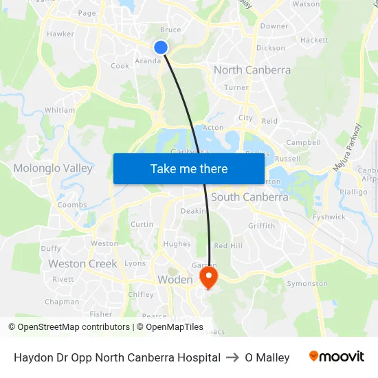 Haydon Dr Opp North Canberra Hospital to O Malley map