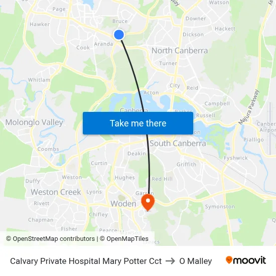 Calvary Private Hospital Mary Potter Cct to O Malley map