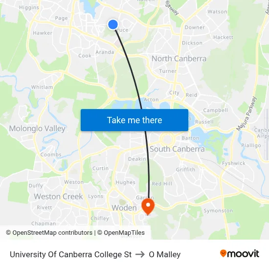 University Of Canberra College St to O Malley map