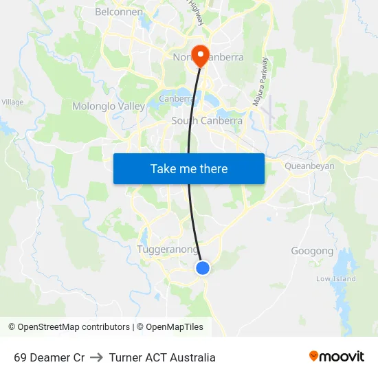 69 Deamer Cr to Turner ACT Australia map