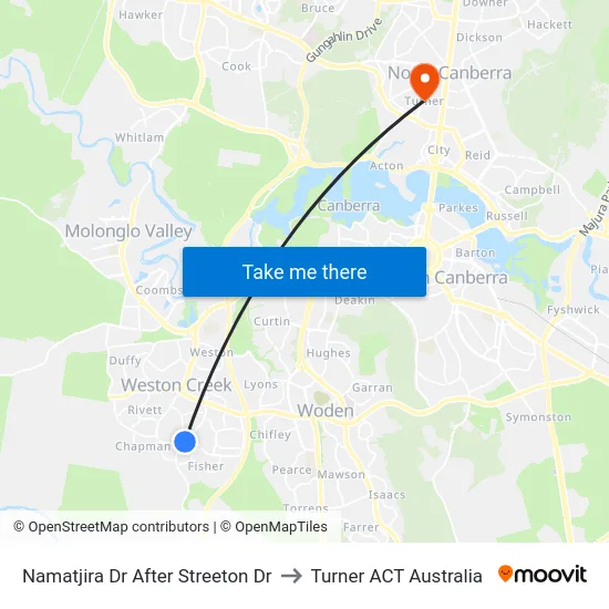 Namatjira Dr After Streeton Dr to Turner ACT Australia map
