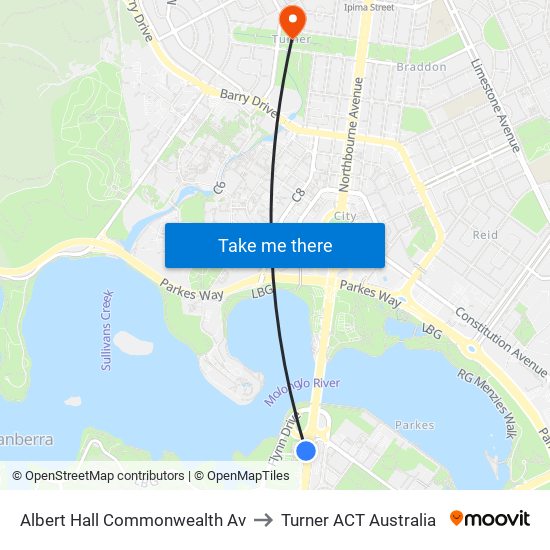 Albert Hall Commonwealth Av to Turner ACT Australia map