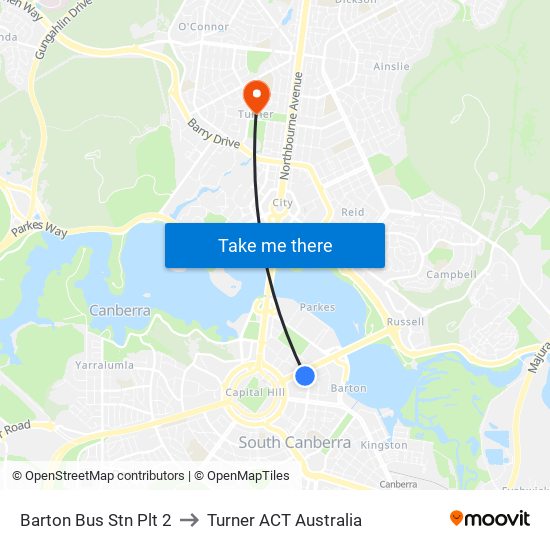 Barton Bus Stn Plt 2 to Turner ACT Australia map