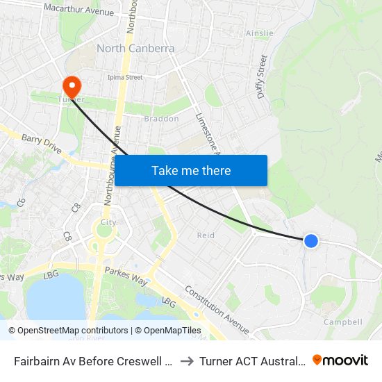 Fairbairn Av Before Creswell St to Turner ACT Australia map