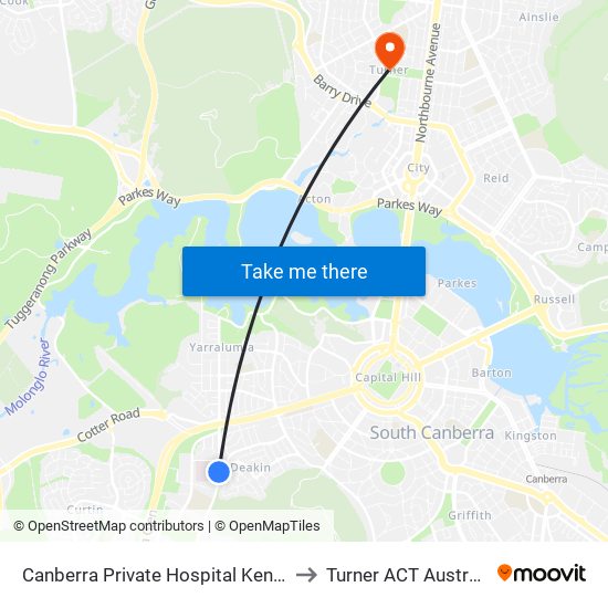 Canberra Private Hospital Kent St to Turner ACT Australia map