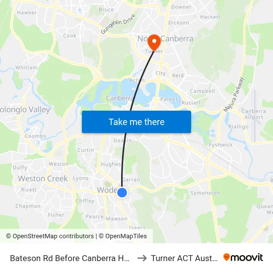 Bateson Rd Before Canberra Hospital to Turner ACT Australia map