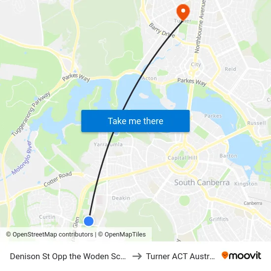 Denison St Opp the Woden School to Turner ACT Australia map