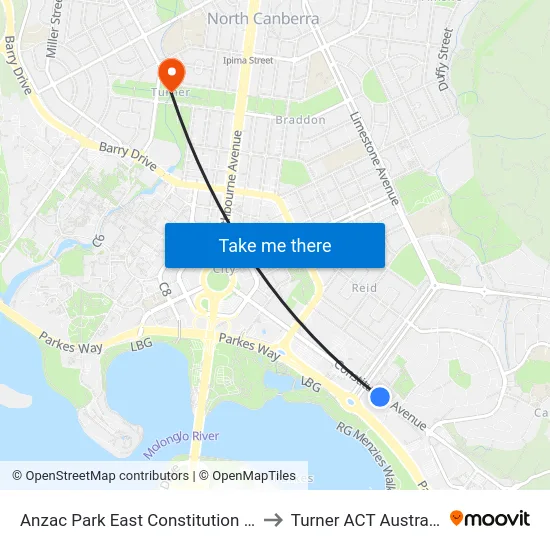 Anzac Park East Constitution Av to Turner ACT Australia map
