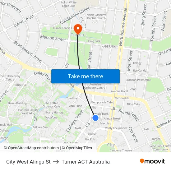 City West Alinga St to Turner ACT Australia map