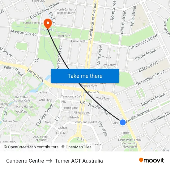 Canberra Centre to Turner ACT Australia map