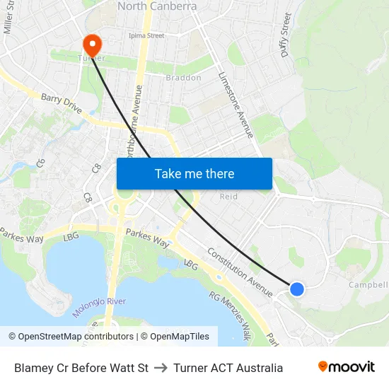 Blamey Cr Before Watt St to Turner ACT Australia map