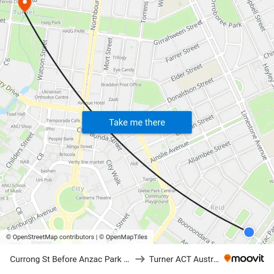 Currong St Before Anzac Park West to Turner ACT Australia map