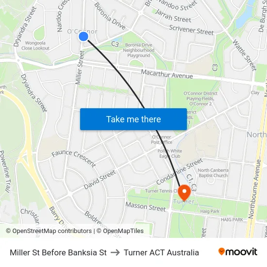 Miller St Before Banksia St to Turner ACT Australia map