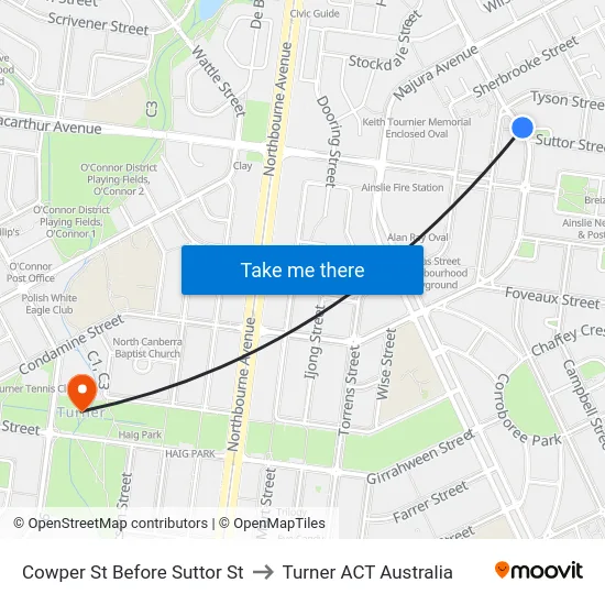 Cowper St Before Suttor St to Turner ACT Australia map