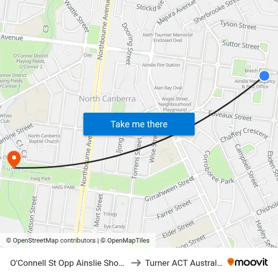 O'Connell St Opp Ainslie Shops to Turner ACT Australia map