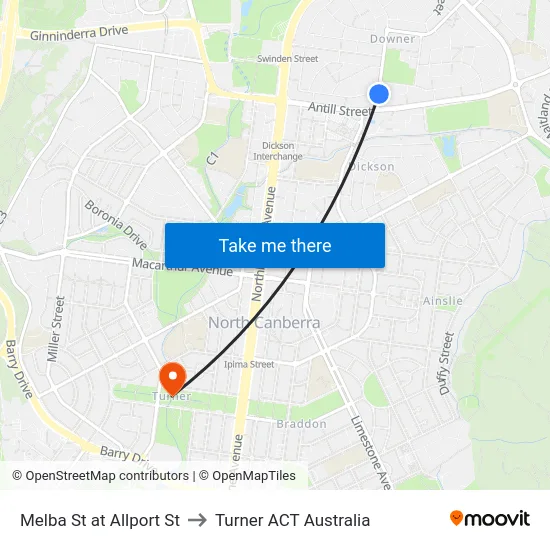 Melba St at Allport St to Turner ACT Australia map