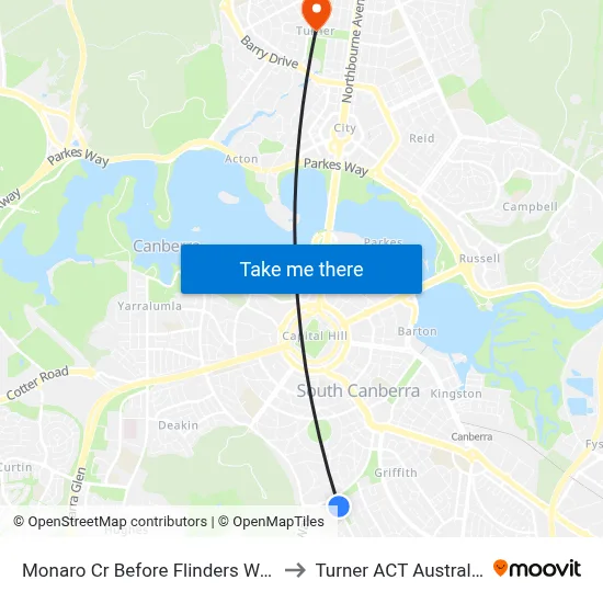 Monaro Cr Before Flinders Way to Turner ACT Australia map