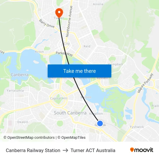 Canberra Railway Station to Turner ACT Australia map