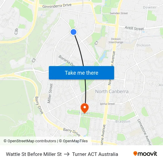 Wattle St Before Miller St to Turner ACT Australia map