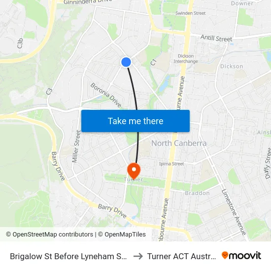 Brigalow St Before Lyneham Shops to Turner ACT Australia map