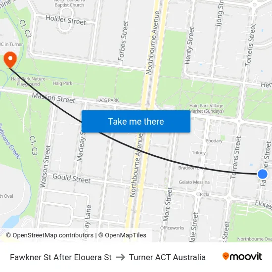 Fawkner St After Elouera St to Turner ACT Australia map