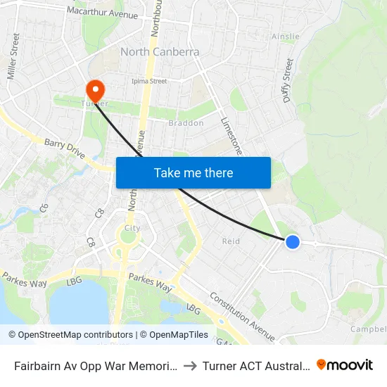 Fairbairn Av Opp War Memorial to Turner ACT Australia map