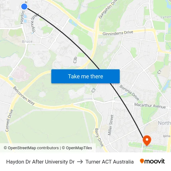 Haydon Dr After University Dr to Turner ACT Australia map