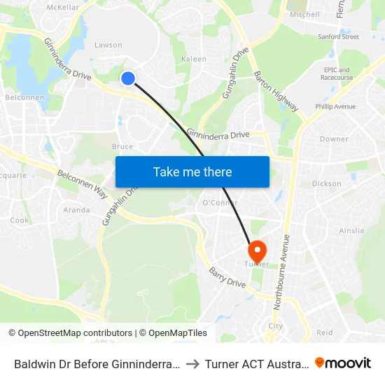 Baldwin Dr Before Ginninderra Dr to Turner ACT Australia map