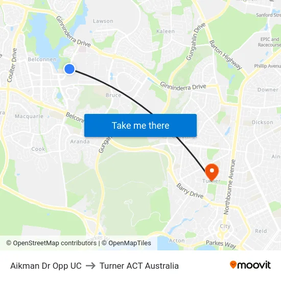 Aikman Dr Opp UC to Turner ACT Australia map