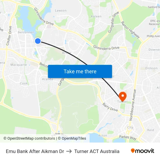 Emu Bank After Aikman Dr to Turner ACT Australia map