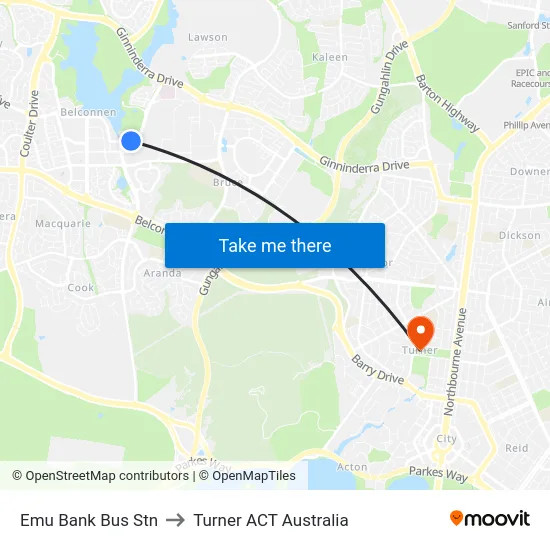 Emu Bank Bus Stn to Turner ACT Australia map