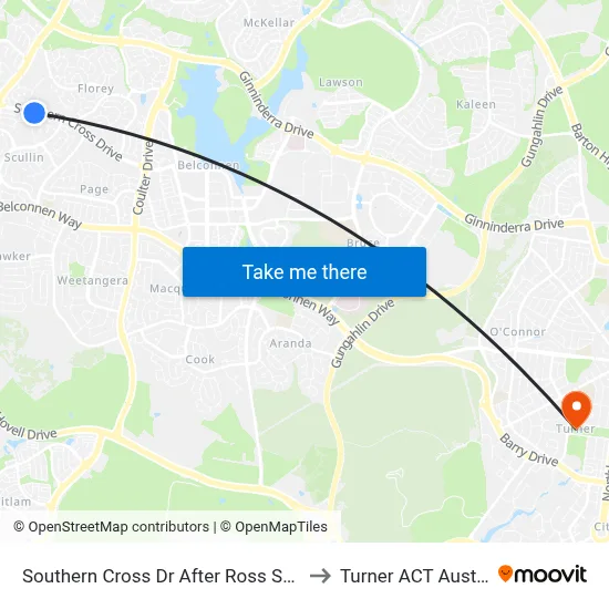 Southern Cross Dr After Ross Smith Cr to Turner ACT Australia map