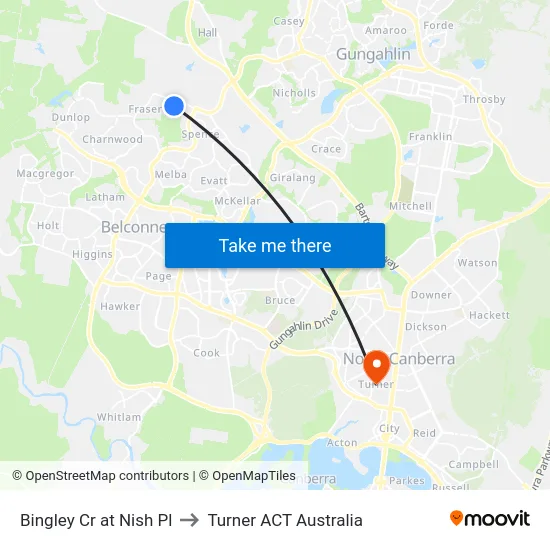 Bingley Cr at Nish Pl to Turner ACT Australia map