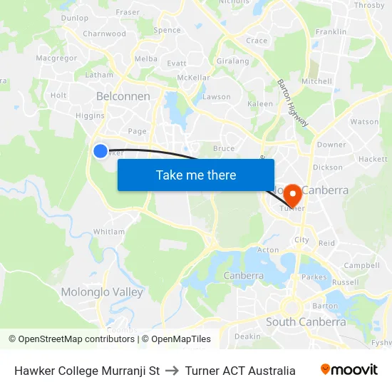 Hawker College Murranji St to Turner ACT Australia map