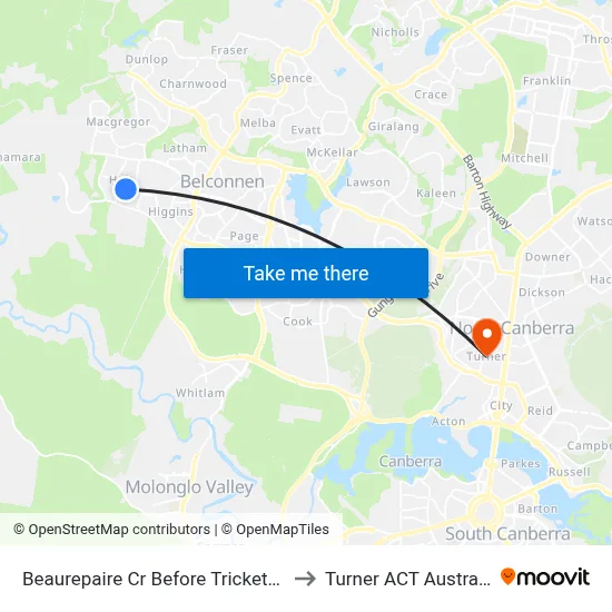 Beaurepaire Cr Before Trickett St to Turner ACT Australia map