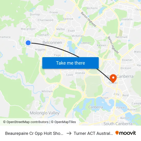Beaurepaire Cr Opp Holt Shops to Turner ACT Australia map