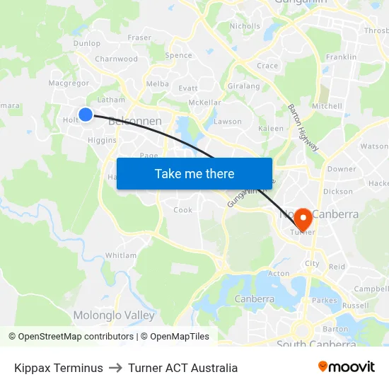 Kippax Terminus to Turner ACT Australia map