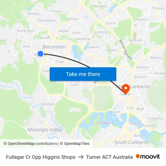 Fullagar Cr Opp Higgins Shops to Turner ACT Australia map