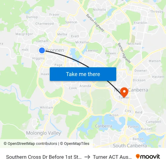 Southern Cross Dr Before 1st Starke St to Turner ACT Australia map