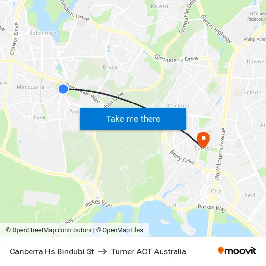 Canberra Hs Bindubi St to Turner ACT Australia map