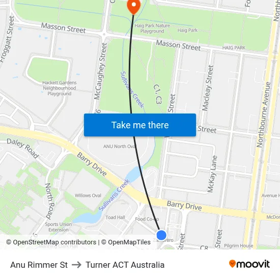 Anu Rimmer St to Turner ACT Australia map