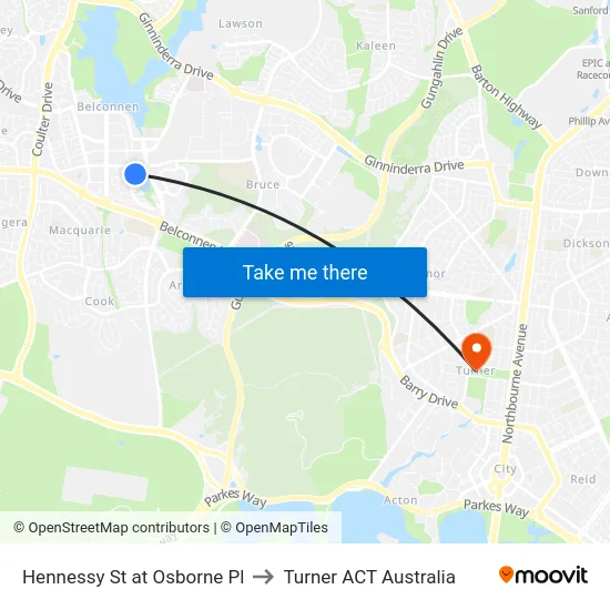 Hennessy St at Osborne Pl to Turner ACT Australia map