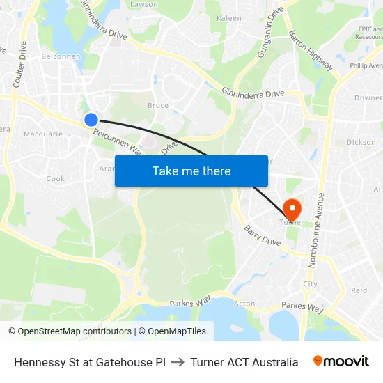 Hennessy St at Gatehouse Pl to Turner ACT Australia map