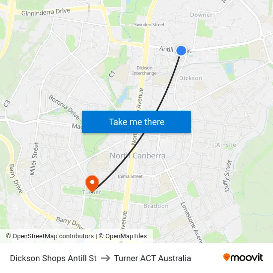 Dickson Shops Antill St to Turner ACT Australia map