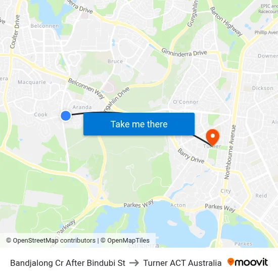 Bandjalong Cr After Bindubi St to Turner ACT Australia map